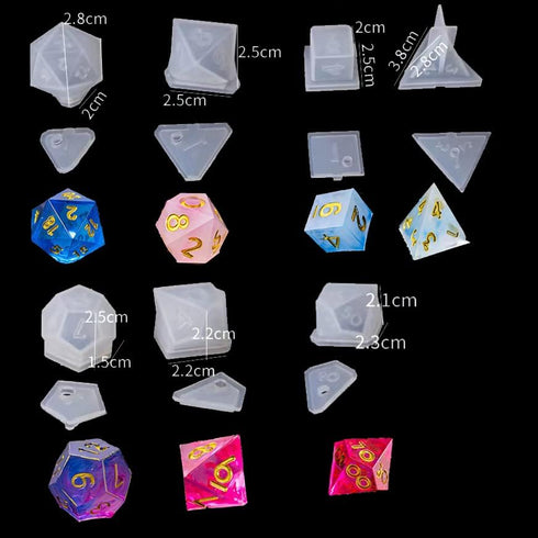 Silicone resin dice molds for resin casting dnd(7Pcs) with Hexagon Dice Box,Epoxy polyhedral dice mold set d&d making kit,Fillet Square Triangle D...