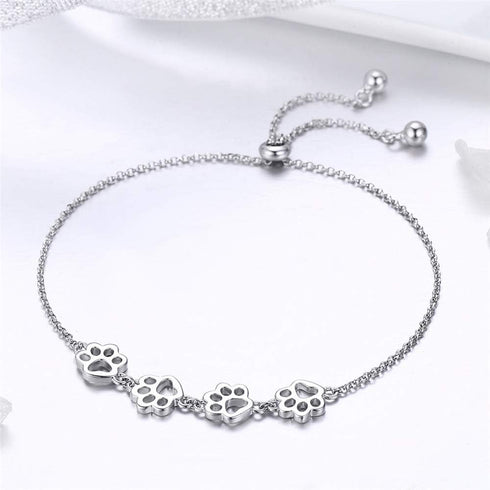 Paw Bracelet for Women Girls Sterling Silver 14 Gold Cute Delicate Polished Puppy Dog Cat Kitten Paw Print Ball Bead Adjustable Charm Link Bracele...