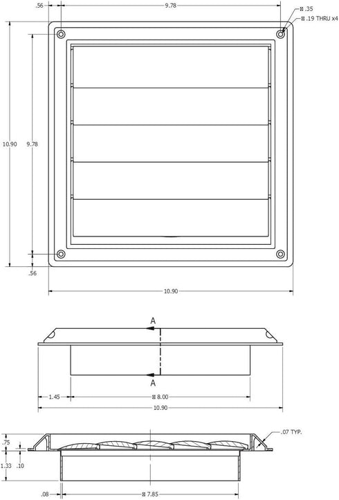 Lambro Industries, Inc.-8" White Plastic Louver Vent (Price Per Piece). Item #363W, outside dimensions are 10.875" x 10.875"....