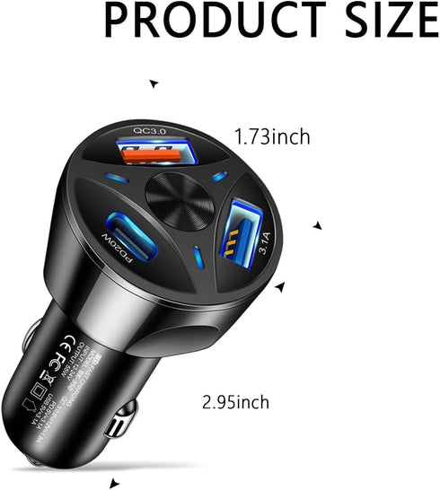 Portable USB Car Charger 3-Port Fast Charge,PD20W/3.1A/QC3.0 Car Charger Adapter USB Charger Compatible for iPhone 14 Pro MAX/13 MacBook Pro iPad ...