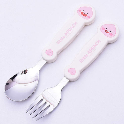 Kakao Friends - Easy Washing Clean 304 Stainless Steel Spoon & Fork (1.1 inch x 5.6 inch) with Wide Case Tableware Set for Kids, Pink (Little Apea...