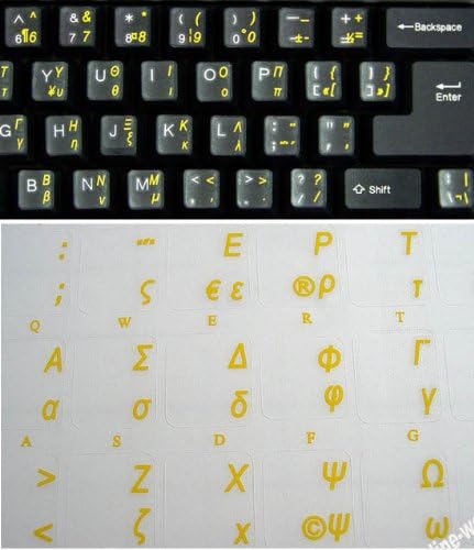 Greek Keyboard Stickers Transparent Yellow Letters for Any Laptop Computer PC Desktop Notebook...
