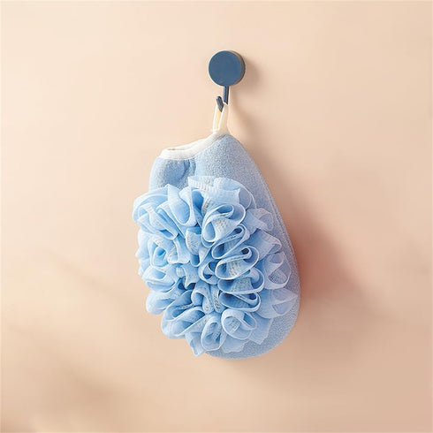 Bath Shower Pouf Sponge 2 in 1 Exfoliating Mesh Pouf Sponge Loofah Bath Glove with Elastic Hand Strap for Women Men Kid Bathroom (Blue)...