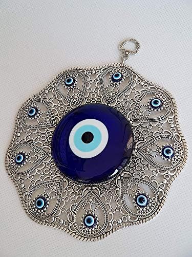 Turkish Glass Blue Evil Eye Wall Hanging Ornament - Metal Home Decor - Turkish Amulet - Protection and Good Luck Charm Gift in a Box...