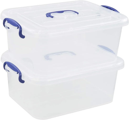 2 Packs Plastic Stackable Storage Boxes with Transparent Lid and Deep Blue Handle, Hold 8 Quart...