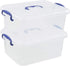 2 Packs Plastic Stackable Storage Boxes with Transparent Lid and Deep Blue Handle, Hold 8 Quart...