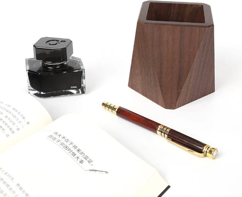 Black Walnut Wooden Pencil Box, Multiple-Use Desk Writing Stationary Organizer Wood Pen Holder Cups Office School Supplies Storage (Prismatic Shap...