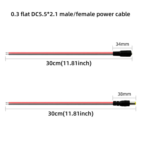 DC5.5x2.1mm, barrel connectors, pigtailed DC power connectors, 1V-36V power adapters 0.3 flat (1ft-5 pair pack)...