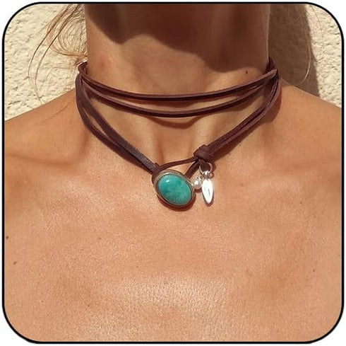 HTH Boho Choker Necklace for Women Layered Bohemian Turquoise Leather Choker Western Boho Necklace...