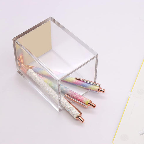 Clear Acrylic Body Bright Yellow Gold Tone Sticky Memo Pad Holder N Pen Holder Set for Office School Home Desk Organizer Supplies...