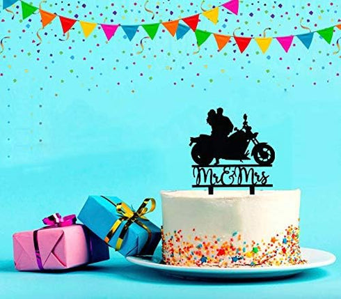 Motorcycle Cake Topper, Black Acrylic Bride & Groom, Funny Mr & Mrs, Wedding/Engagement/Bridal Shower Party Decor...