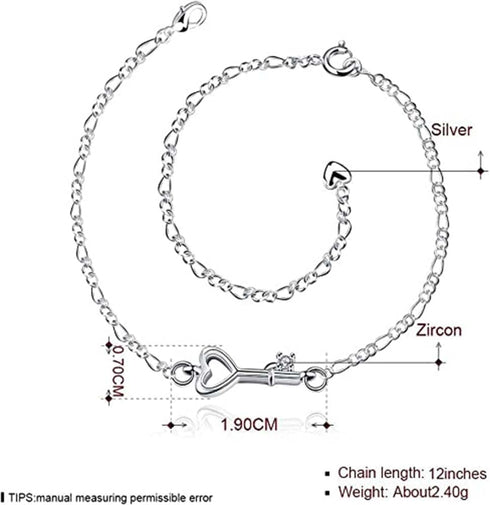 925 Sterling Silver Adjustable Anklet Barefoot Sandal Beach Foot Chain Cute Love Key Zircon Pendant Adjustable Chain Anklet Bracelet...
