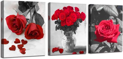 Ardemy Red Rose Canvas Wall Art Flowers Pictures Bathroom Decor, Black White Florals Painting Modern Romantic Framed for Bedroom Living Room Dinni...
