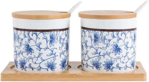 123Arts Ceramic Sugar Bowl Retro Blue and White Storage Jar with Wooden Lid and Spoon...