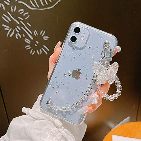 BONICI Girl Women Beautiful Gold Foil Goldleaf Transparent TPU Phone Case +Metal Bracelet Chain +Butterfly Lanyard, for iPhone 11, Full Protection...