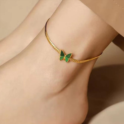 Green Butterfly Anklets for Women Waterproof Dainty 18k Gold Plated Ankle Bracelets Stainless Steel Cuban Link Foot Chain Anklet Summer Beach Foot...