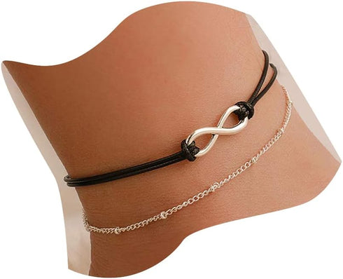 Bohemia Layered Black Leather Anklet Infinity Knot Charm Pendant Foot Chain Boho Beach Foot Jewelry for Women...