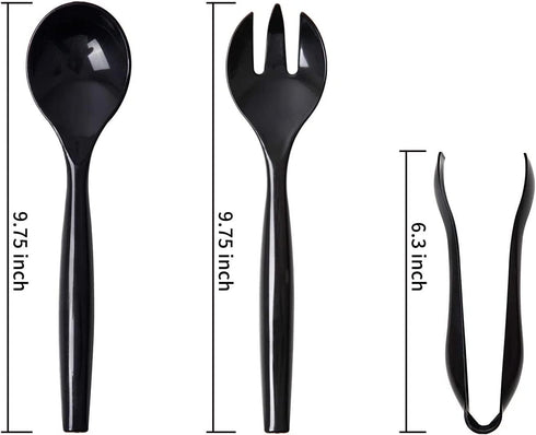 VeZee's Plastic Serving Utensils, Black Heavy Duty Disposable utensil | Set 10" Spoons 10" Forks 6" Tongs | 6 Each in One Set| 18 Pcs...