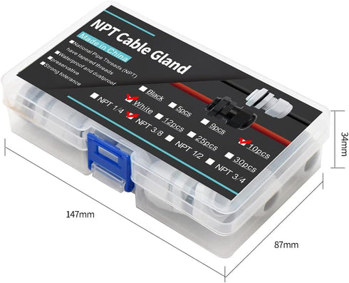 3/8 Cable Glands White PA66 Connector IP68 Waterproof Adjustable Cord Grip Strain Relief Connectors Protectors White 10PCS With Plastic Box...