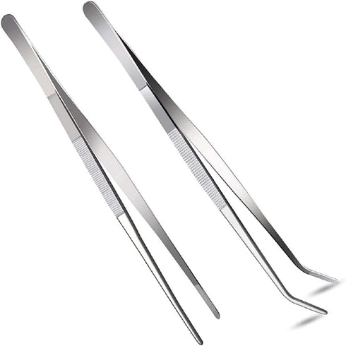 2 Pcs 12 Inch Silver Long Handle Stainless Steel Straight and Curved Tweezers Nippers, Set with Serrated Tips Comfortable Ridged Handle for Garden...