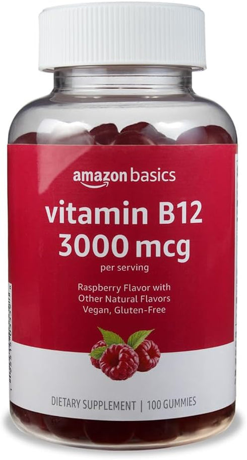 Amazon Basics Vitamin B12 3000 mcg Gummies, Normal Energy Production and Metabolism, Immune System Support, Raspberry, 100 Count (2 per serving) (...