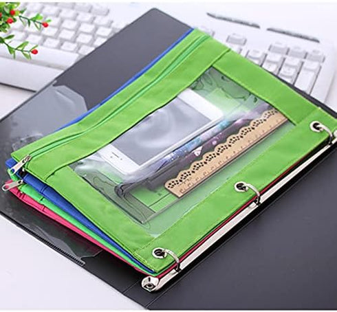 Binder Fabric Pencil Pouch 3-Ring Binder Pencil Case Bag with Zipper 4 Pack (Green)...