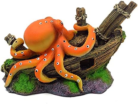 Small Aquarium Decoration Cute Octopuse Design Fish Tank Ornament Shipwreck Landscaping for Mini Small 5 10 Gallons Fish Turtle Tank...