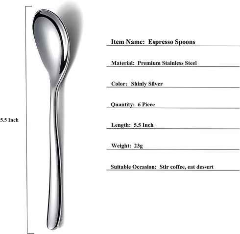 Demitasse Espresso Spoons, 5.5'' Mini Coffee Spoons, Stainless Steel Small Spoons,Tea Spoons for Dessert, Set of 6, Dishwasher Safe (Silver)...