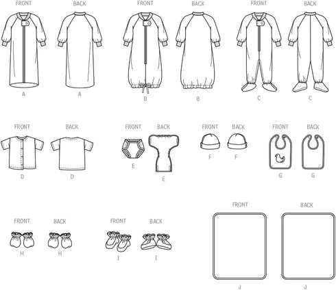 Butterick Infants' Bunting, Jumpsuit, Shirt, Diaper Cover, Hat, Bib, Mittens, Booties and Blanket Sewing Pattern Kit, Design Code B6968, Sizes XXS...