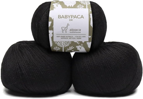 100% Baby Alpaca Yarn Wool Set of 3 Skeins DK Weight - Made in Peru - Heavenly Soft and Perfect for Knitting and Crocheting (Black, DK)...