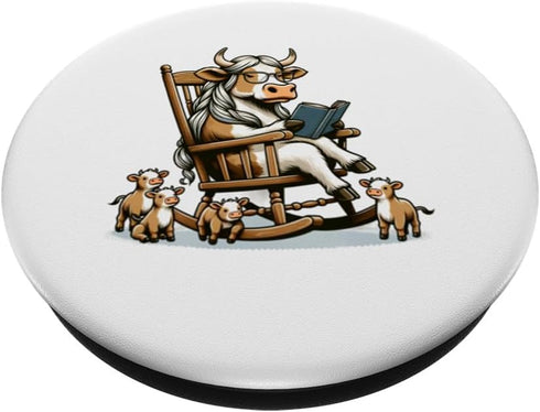 Funny Cartoon Cow Grandma Reading to Calves Farm Homestead PopSockets Standard PopGrip...