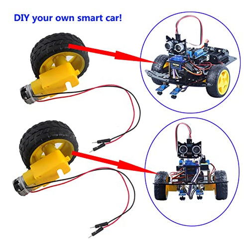 2pcs DC3-6V TT Motor 1:48 Reduction Ratio 200RPM Dual Shaft Gearbox with Hookup Wires Male Dupont Connector + 2pcs 65mm Tire Wheel for Arduino Mic...