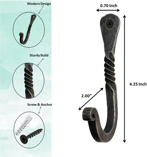 Hand Forged Twisted Wall Hook Wrought Iron Handmade Wall Mounted Coat Hook Blacksmith Metal Wall Kitchen Towel Hooks Rack Black Antique Finish Wal...
