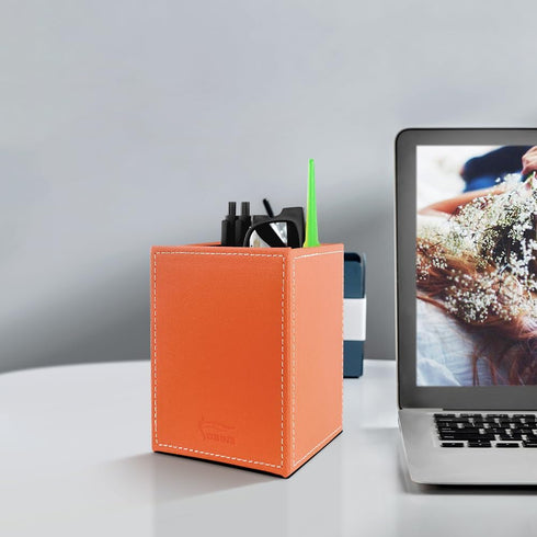 Pen Pencil Holder Cup Container PU Leather Desk Organizer Stand Decor Brush Scissor Holder Decoration Office Desk Home School (Orange, 3.54" x 3.5...