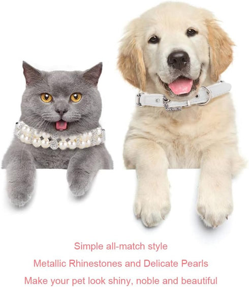 Dog Cat Pearl Collars with Crystal Rhinestone PU Leather Collars Necklace Adjustable Collar Leash Set Rope Dog Chain Cat Black Pearl Pet Collar (S...