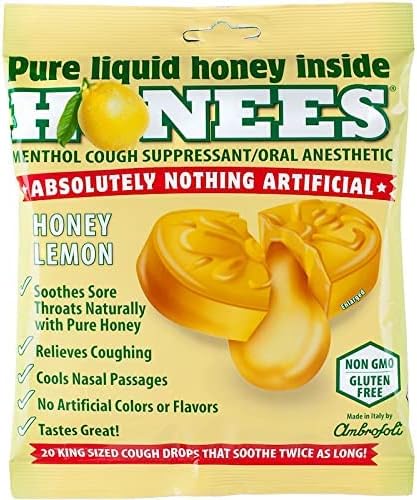 Honees Filled Honey Lemon Cough Drops- Filled with Honey, Menthol, Lemon and Eucalyptus - Nothing Artificial -Natural Sore Throat Lozenges- Non-GM...
