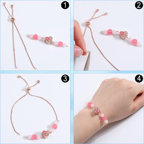 1 Box 12Pcs Slider Chain Bracelets Adjustable Slider Bracelet Brass Extender Chains with Rhinestone Ball End Rose Gold Slider Bracelet Findings fo...