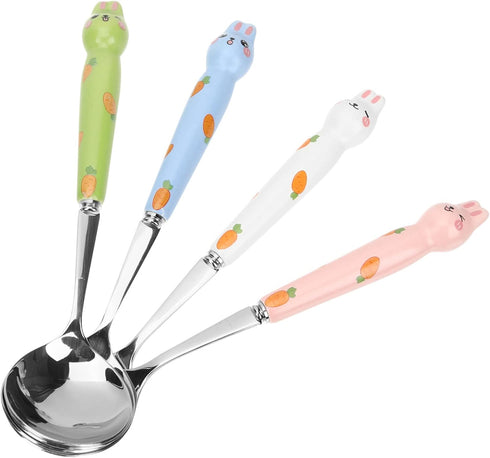 4pcs Bunny Dessert Spoon Stir Bar Espresso Spoons Bunny Ice Cream Spoons Asian Soup Spoons Serving Spoons Stainless Steel Rabbit Design Spoons Chi...