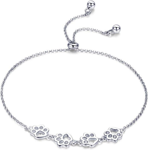 Paw Bracelet for Women Girls Sterling Silver 14 Gold Cute Delicate Polished Puppy Dog Cat Kitten Paw Print Ball Bead Adjustable Charm Link Bracele...