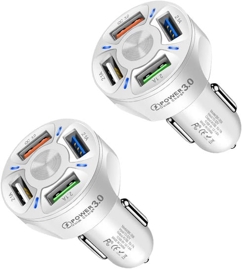 2Pack Car Charger Adapter, 4-Port USB QC 3.0 Fast Phone Charger Adapter, 32V Quick Charging LED Light Display, Universal Compatible with iPhone 13...