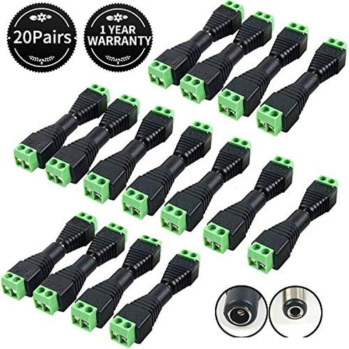 DC Power Connector 20 Pairs CCTV Power connectors 12V Male+Female 2.1x5.5MM DC Power Jack Plug Adapter Connector for CCTV Camera and LED Strip Lig...
