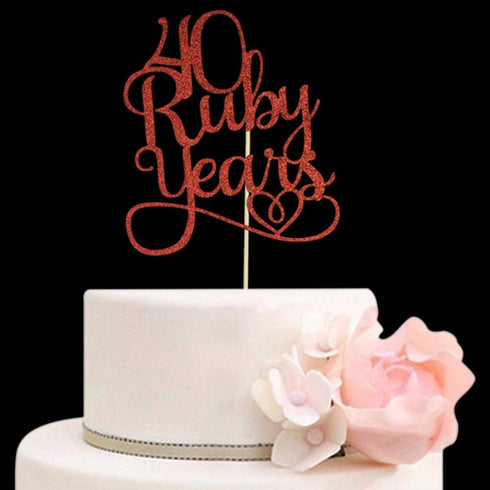 40 Ruby Years Cake Topper for 40th Anniversary Wedding Party Decorations Red Glitter...