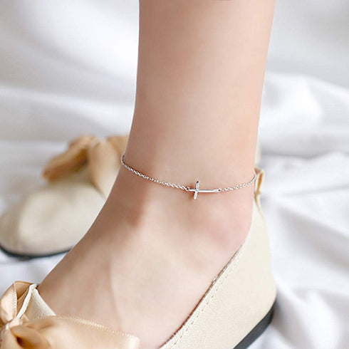 Cross Anklets for Women Teen Girls Men 925 Sterling Silver White Gold Plated Sideways Cross Adjustable Chain Classic Dainty Charm Foot Anklet Brac...