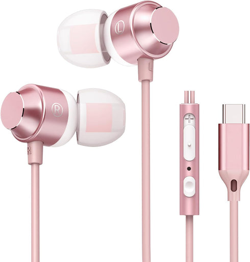 USB C Earbuds Rose Gold, Type C in Ear Headphones Wired, Stereo Bass Pink Earphones with Micphone and Volume Control Compatible with iPhone 15 Sam...