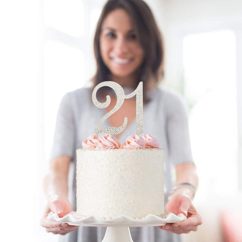 21 Cake Topper - Premium Silver Metal - 21st Birthday Party Sparkly Rhinestone Decoration Makes a Great Centerpiece - Now Protected in a Box...