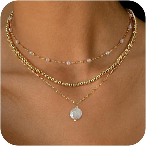 Gold Pearl Necklace?Layered Gold Choker Necklaces for Women Pearl Pendant Necklaces Stackable Stacked Stacking Layering Dainty Gold Necklace Pearl...