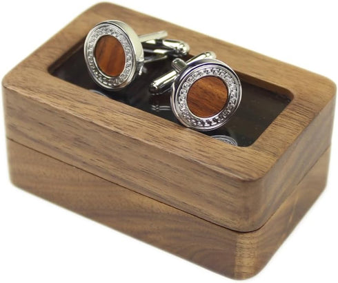Rustic Black Walnut Wooden Round Cufflinks Tie Clips With Organizer Box for Men...