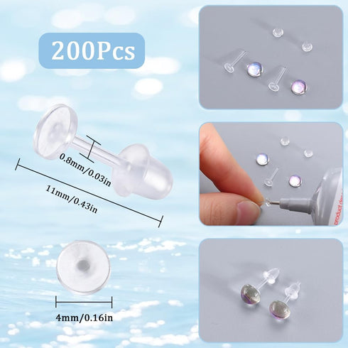 SUNNYCLUE 1 Box 200Pcs Clear Earring Posts Resin Stud Earring Findings Flat Resin Safety Tiny Round Head Transparent Stud Earring Pins Blank Earri...