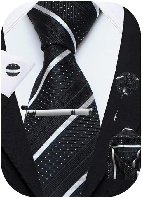 Black White Striped Ties For Men – Tie Set With Pocket Square Cufflinks Tie Clip Bar & Flower Brooch Pin For Mens (Pack of 5) (AXTS50)...