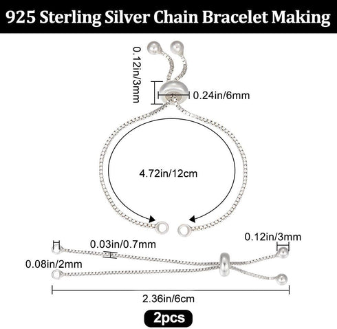 Beebeecraft 1 Box 2Pcs Adjustable Slider Bracelet Chain Sterling Silver Italian Ball Bead Chain Link Necklace Making for DIY Craft Jewelry 4.72 In...